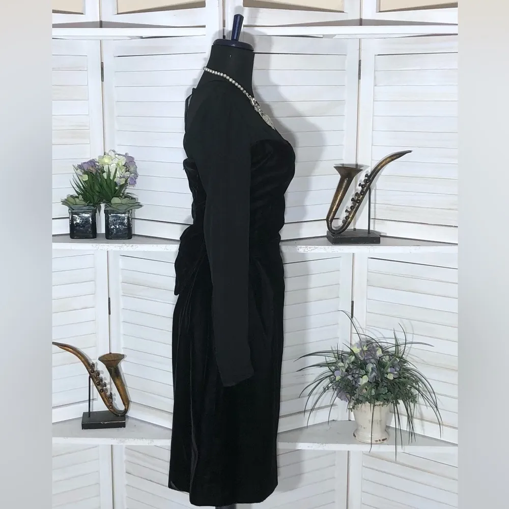 Vintage Black Velvet Sheer Sleeve Cocktail Dress XS - Image 3