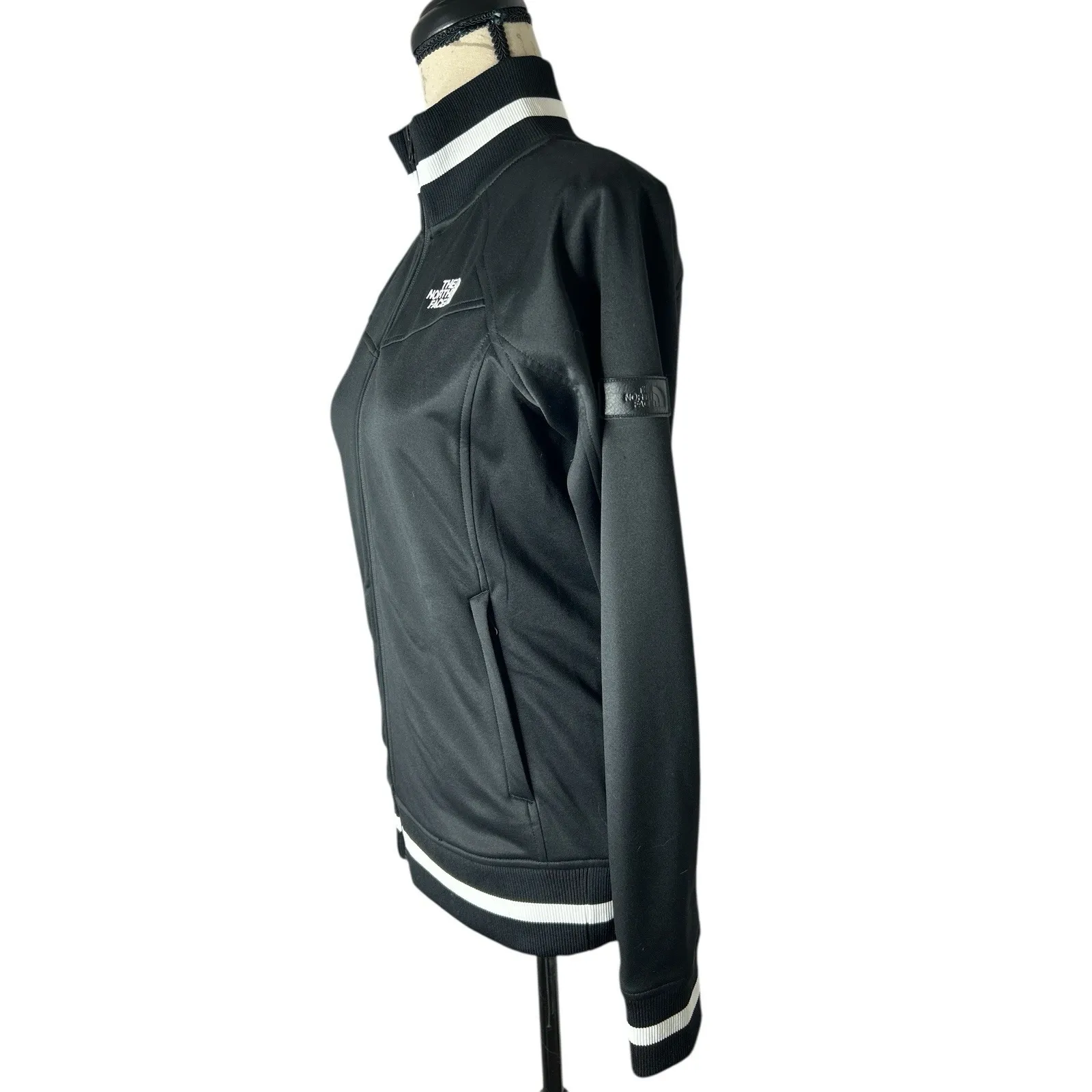 The North Face Track Jacket Woman's Size Small Black White Full‎ Zip Satin - Image 2
