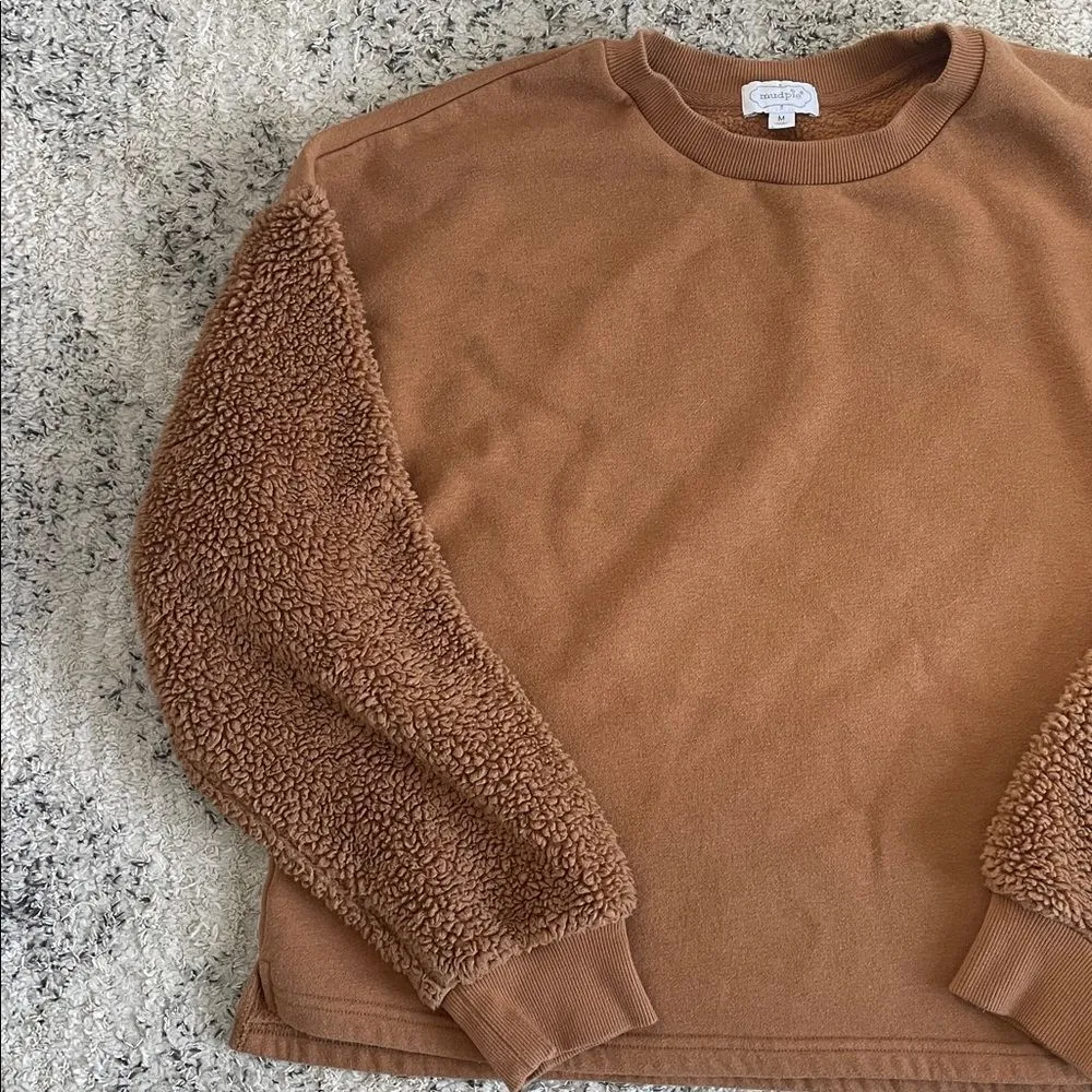 Mudpie Layla Sherpa Fleece Tan Light Brown Crewneck Sweatshirt Size Medium - Image 8