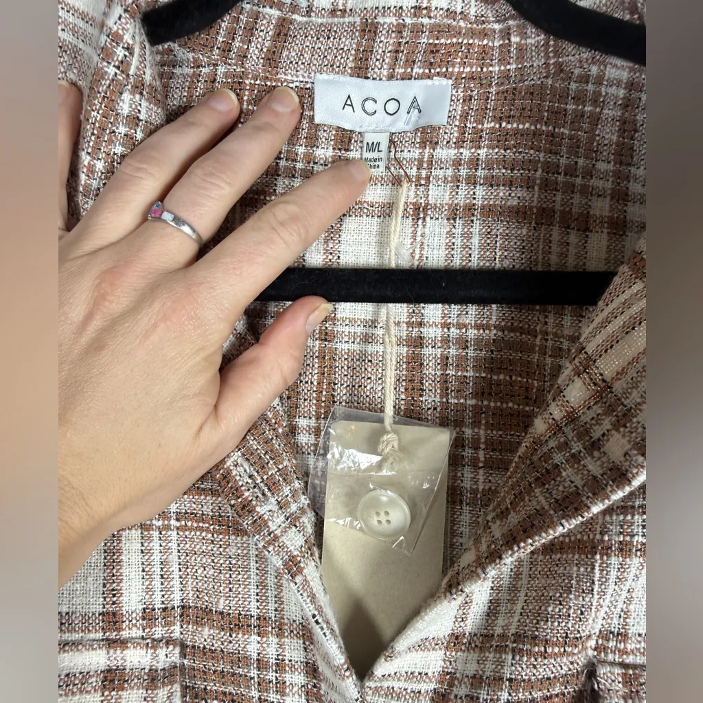 ACOA NWT Oversized POCKETED PLAID BUTTON DOWN SHACKET DUSTER SZ M/L Tan - Image 5