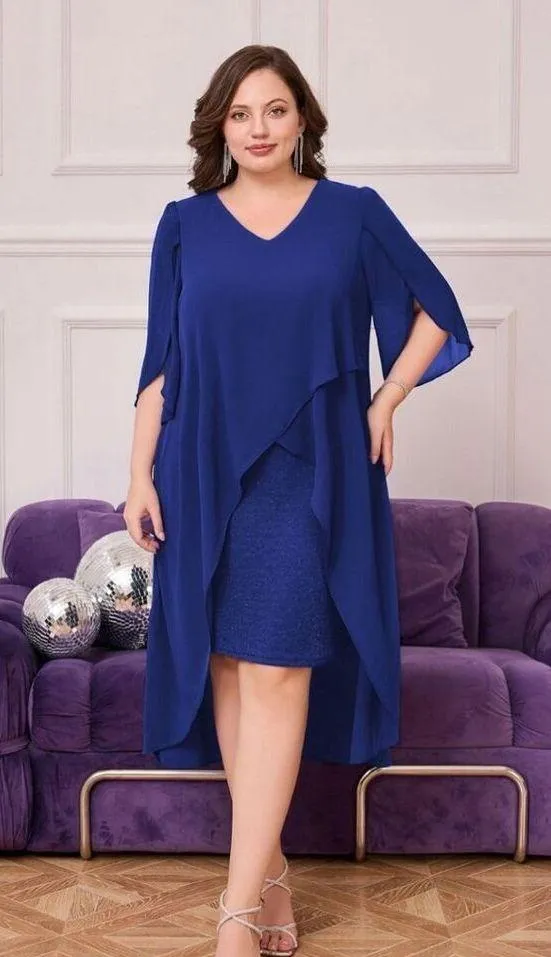 NEW Blue Chiffon Cocktail Ruffle 3/4 Sleeve Dress High Low Hem 24 Blue Size 24W - Image 7