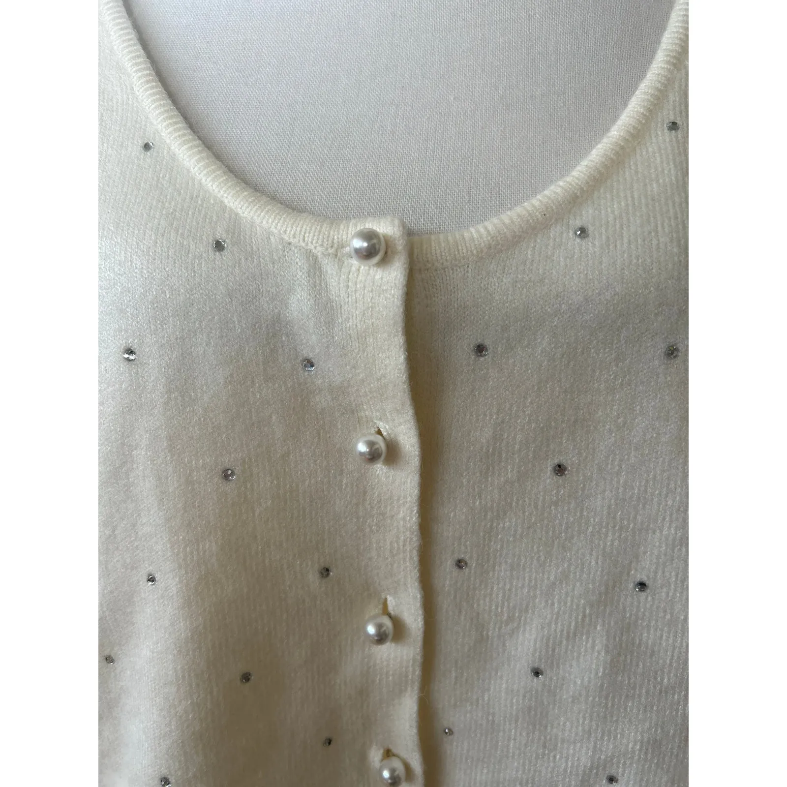 ASOS Cream White Scoop Pearl Button Rhinestone Sparkle Cardigan Coquette - Image 2