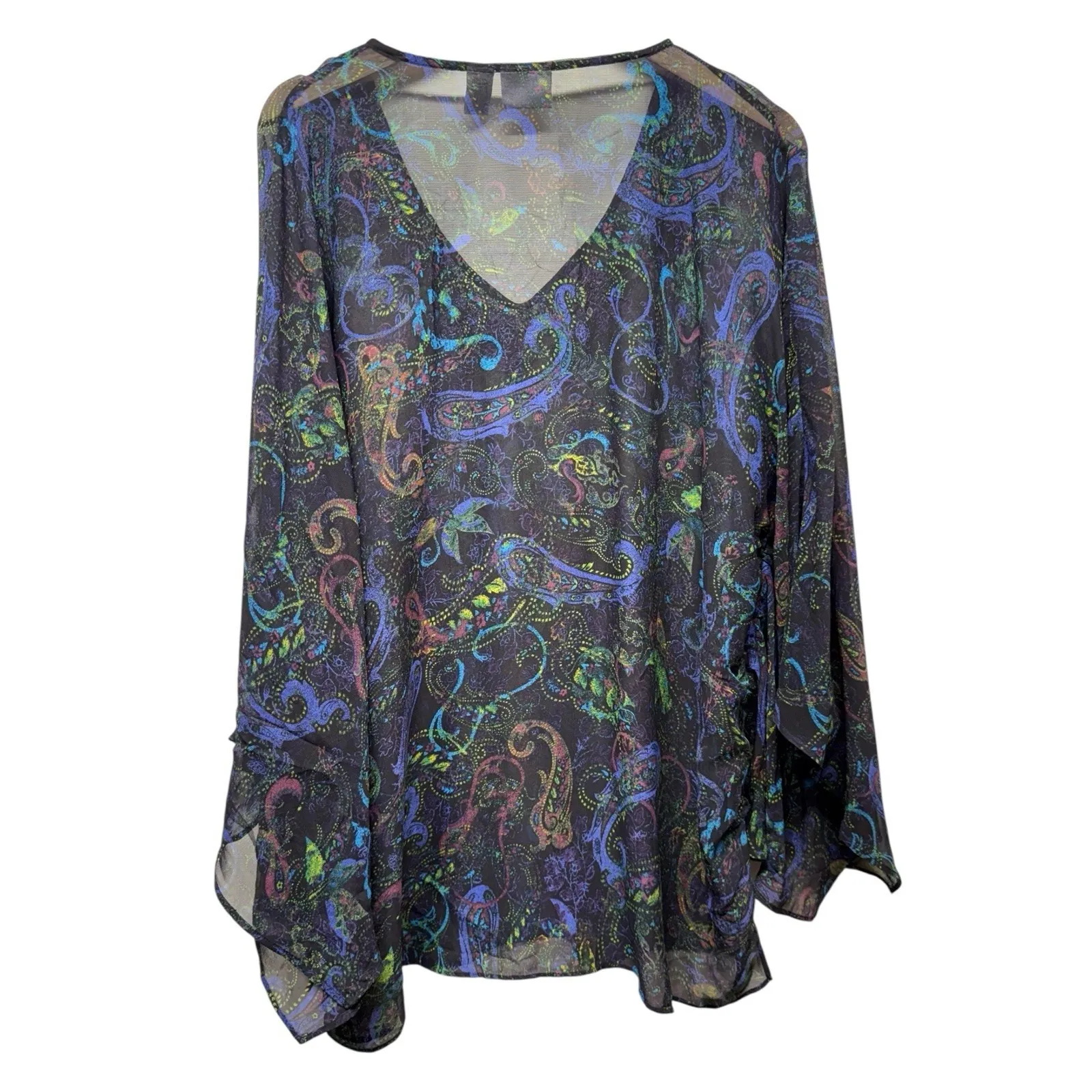 Chicos Top Silk Poncho Kimono Sleeve Multicolor Paisley Beaded Sheer‎ M/L Boho - Image 2