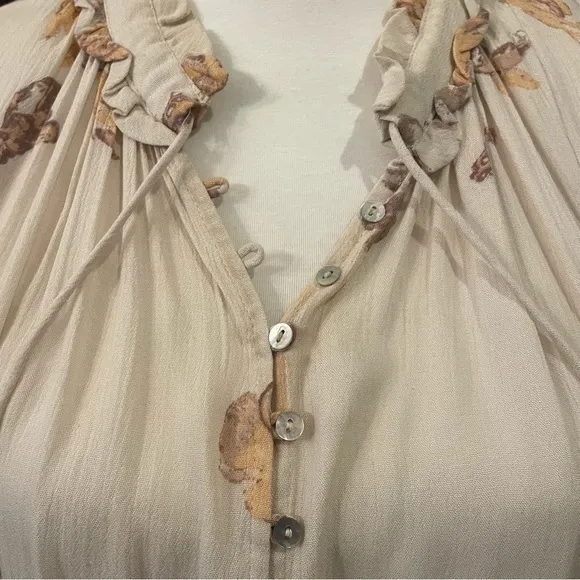 🌴Free People Beige Brown Orange Floral Dress With Ruffled Bottom &‎ Sleeve… - Image 3