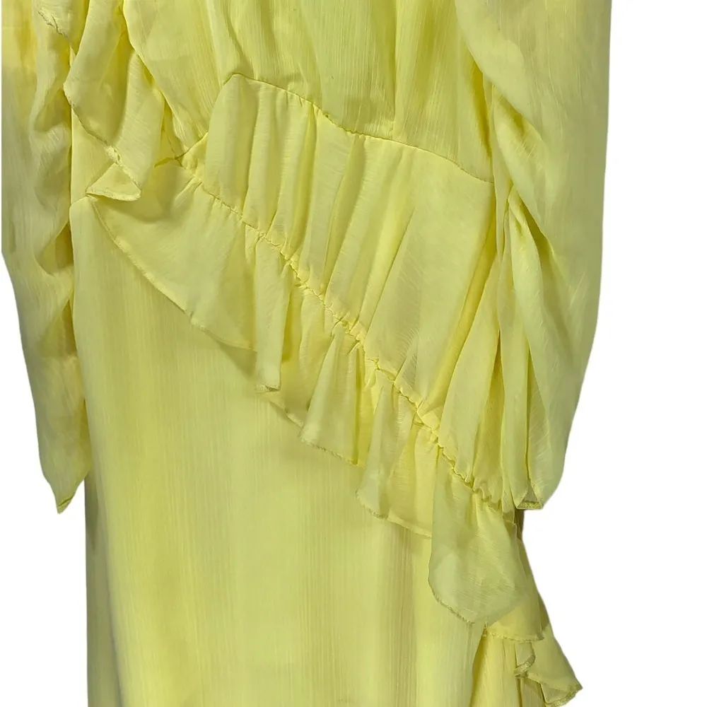 NWT ASOS Curve Asymmetrical Ruffle Tier Sheer Ruched Long Sleeve Dress in Yellow - Image 3