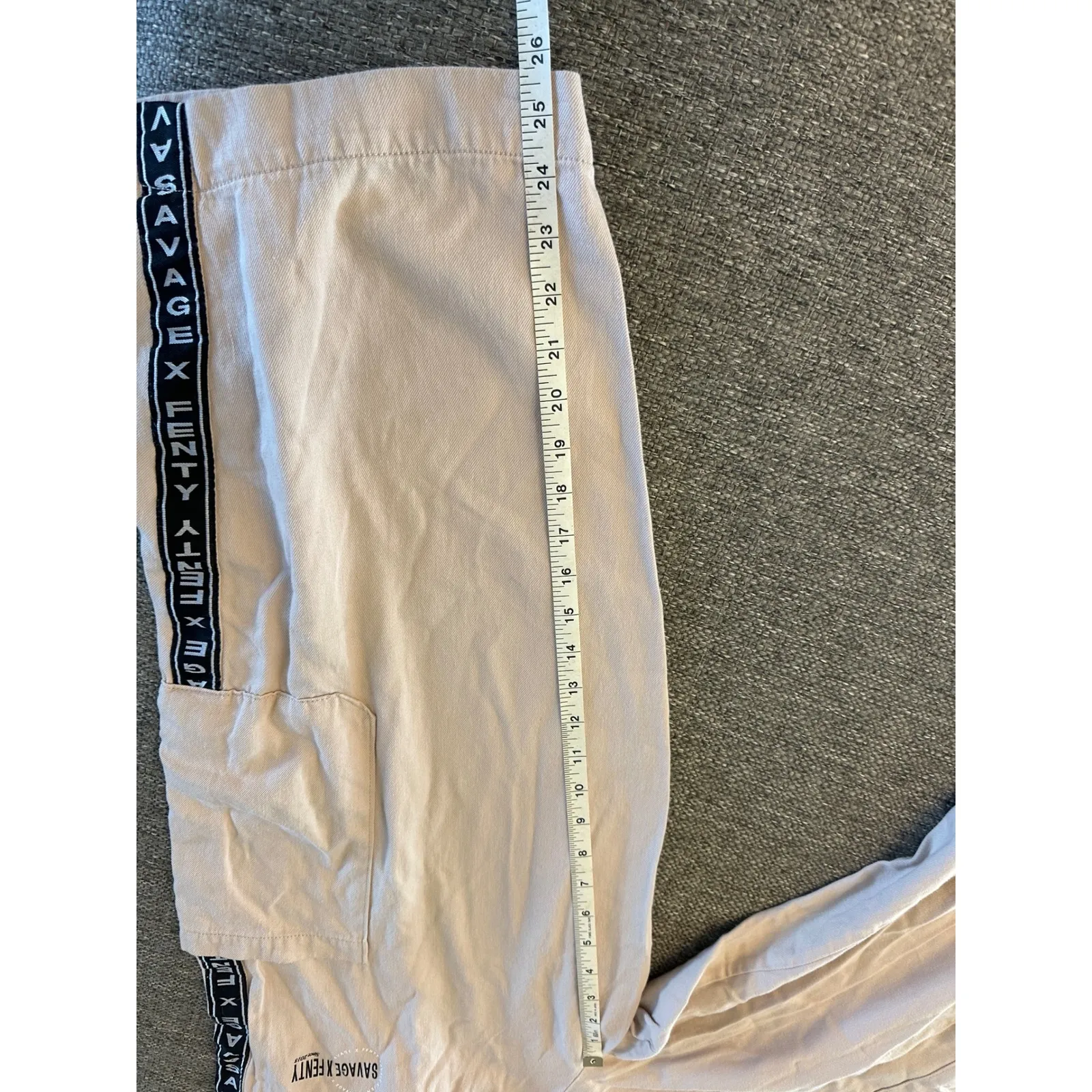 Savage X Fenty Beige Cargo Pants Size S Elastic Waist Logo Tape Casual Lounge - Image 11