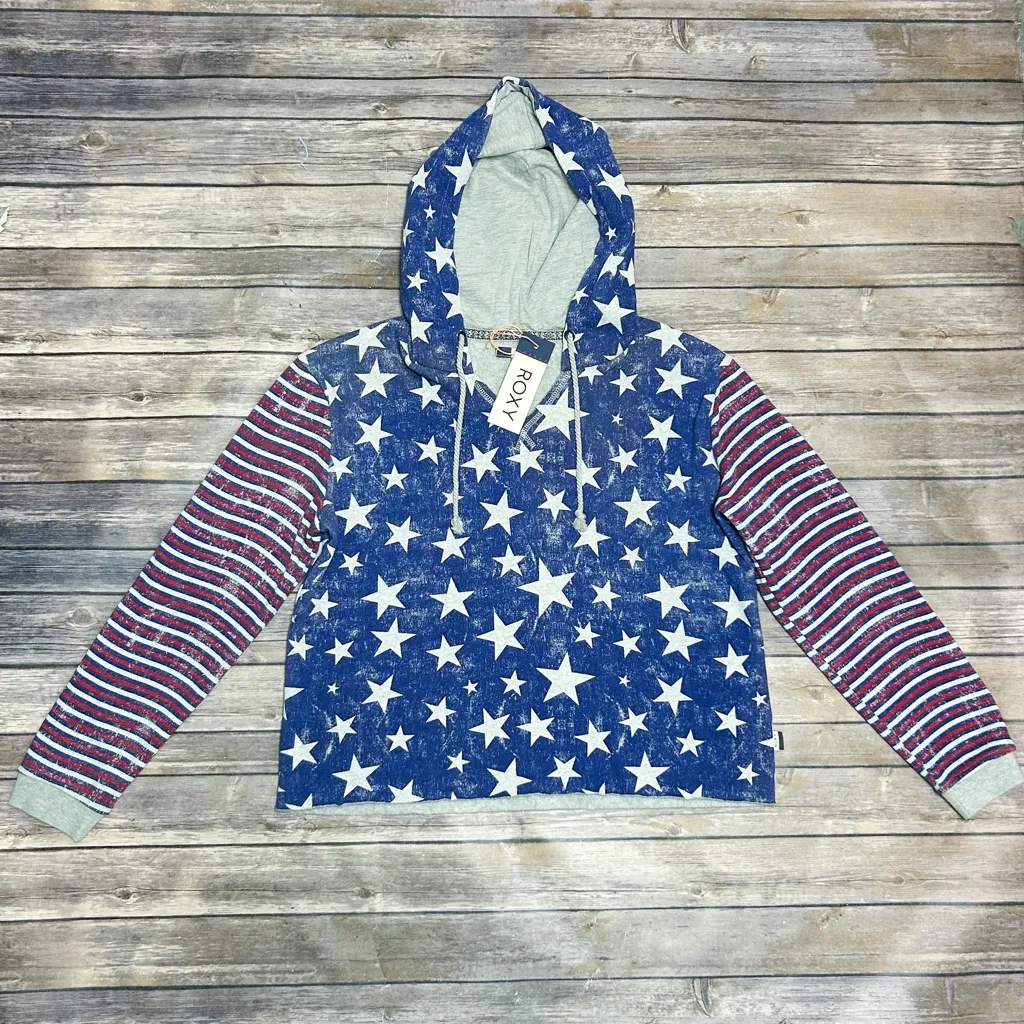 Roxy Red Gray Blue Stars Stripes V Neck Hooded Twinfinning Sweatshirt Medium NWT - Image 8