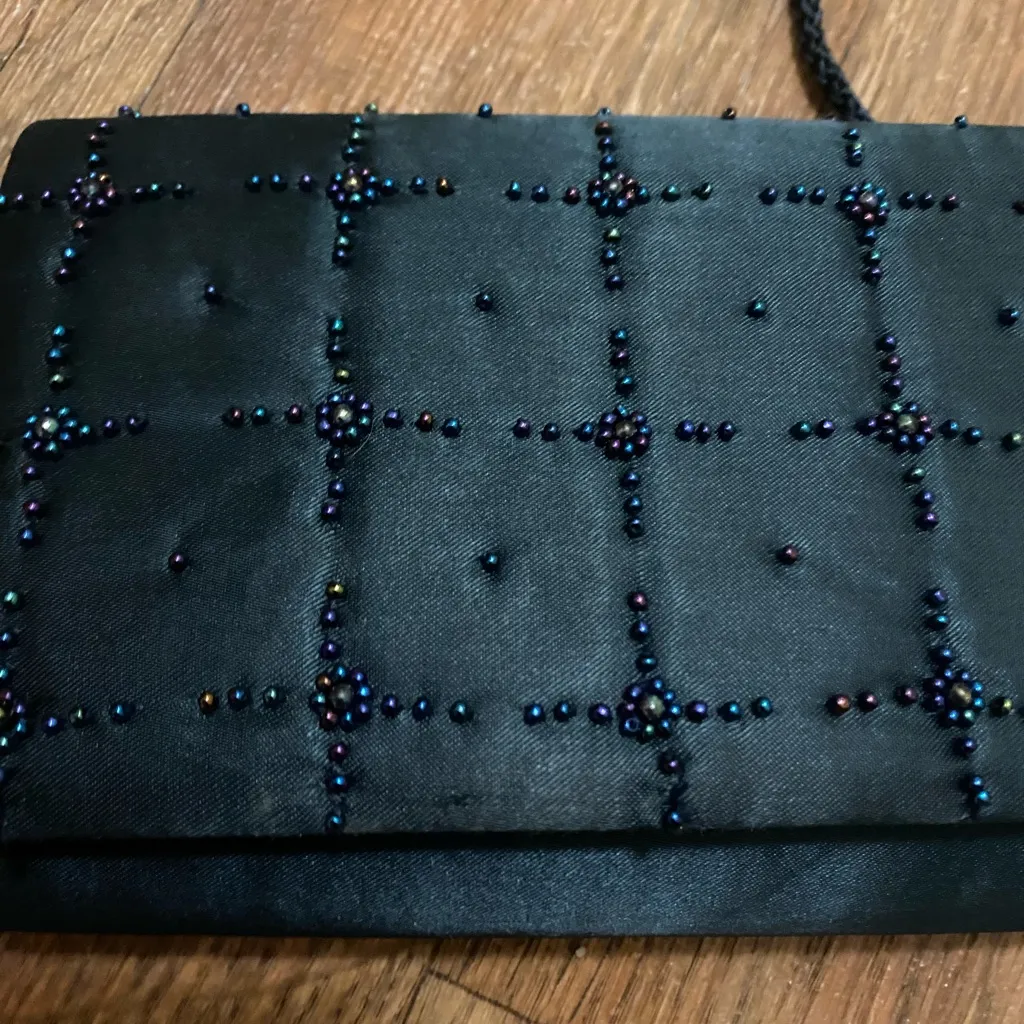 Vintage La Regale Womens Handbag Evening Bag Purse Black Beaded Blue Purple 5x7 - Image 2
