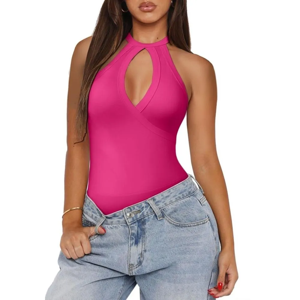 Ekaliy Women's Hot Pink Sleeveless Cutout‎ Bodysuit Size Small - Image 3