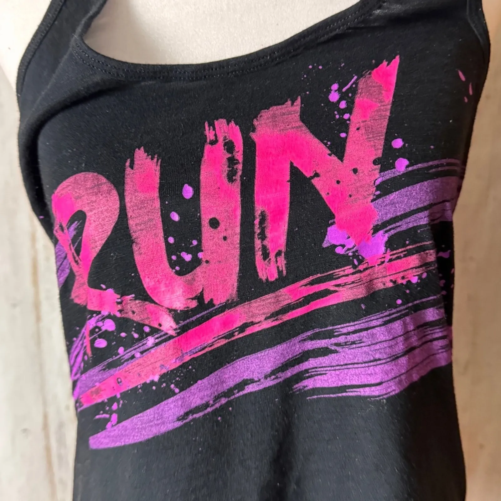 Xerion Sleeveless Racerback Black and Pink  RUN Graphic Women's Tank Top Sz S - Image 3