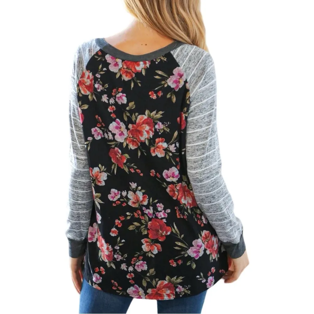 NEW HAPTICS FLORAL STRIPE RAGLAN HACCI TRIANGLE DETAIL TOP Size M - Image 3