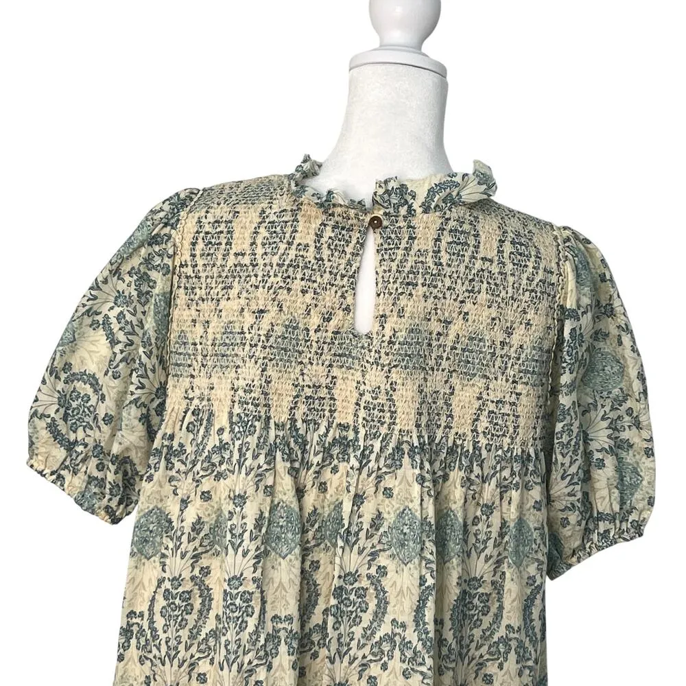 Easel Babydoll Smocked Antique Blue Cream Floral Damask Lace Trim Dress S Boho - Image 11