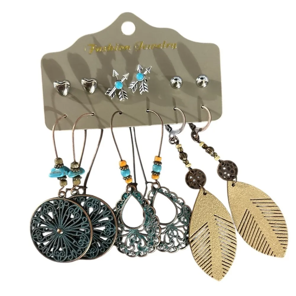 Blue Tan Bronze Silver Earrings Set 6 Pairs - Image 3