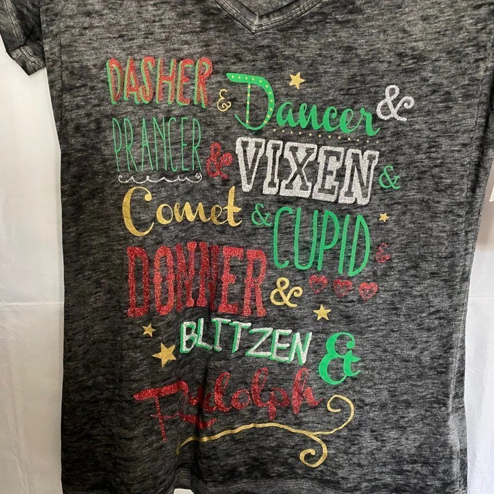 Old navy Girl Black Burn Out Reindeer Names  Christmas T-Shirt. - Image 2