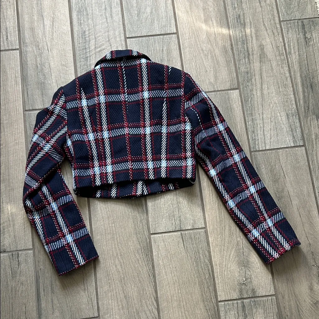 Forever 21 Navy and Red Plaid Cropped Blazer - Image 4