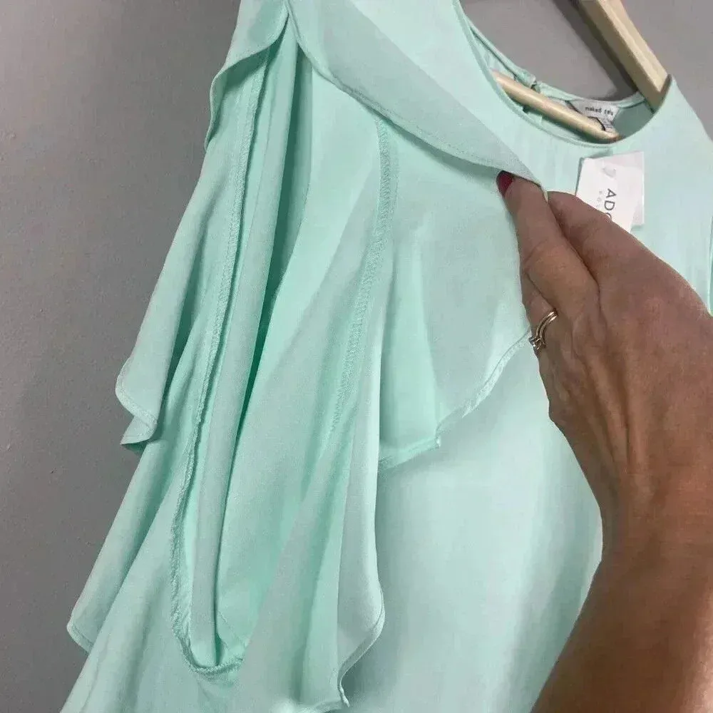 NAKED‎ ZEBRA Top, Women's Size L Green Ruffle Draped Sleeve, Cut Out at Shouder - Image 2