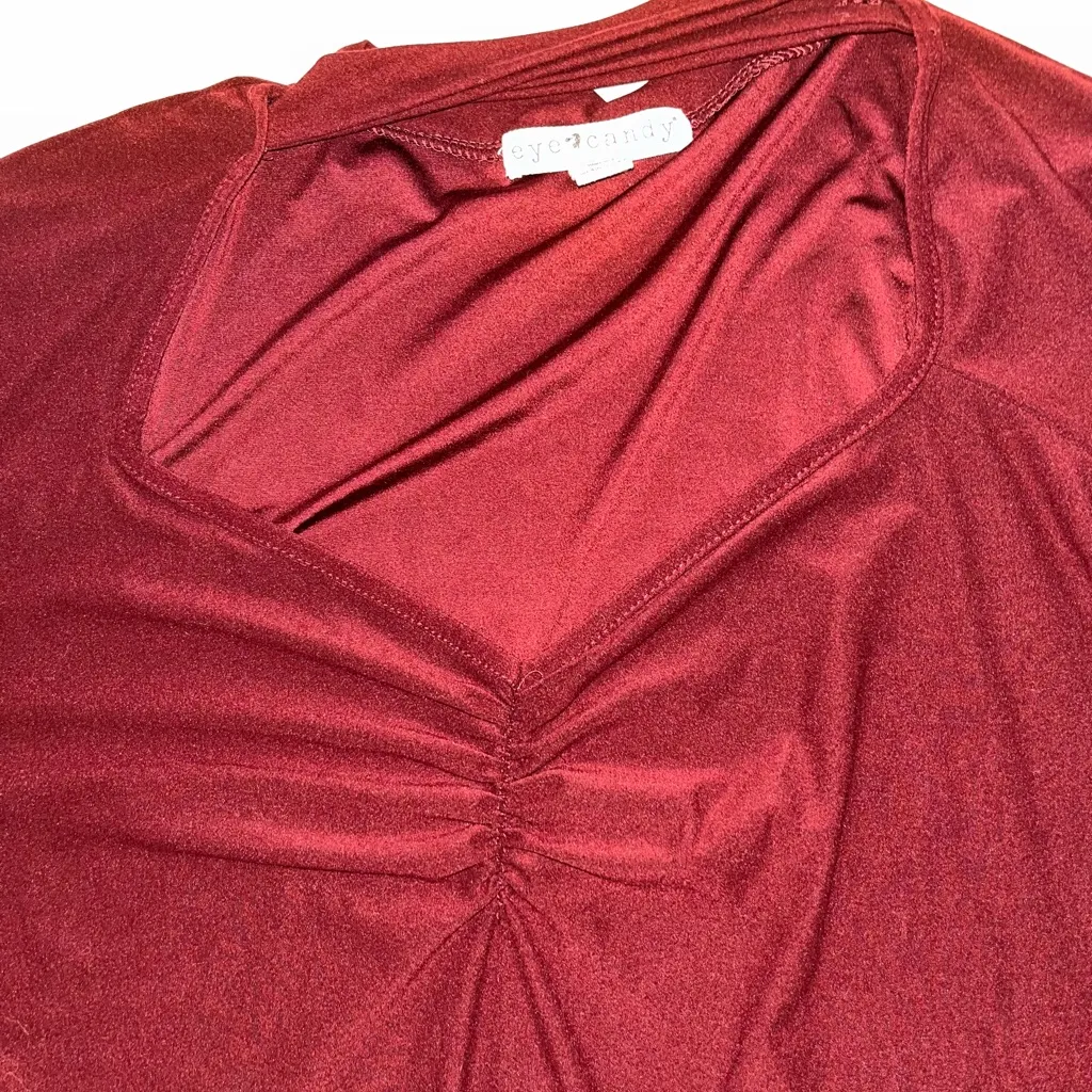 💙 NIBag Eye Candy Deep Red Ruched V Neck Keyhole Blouse - Image 3