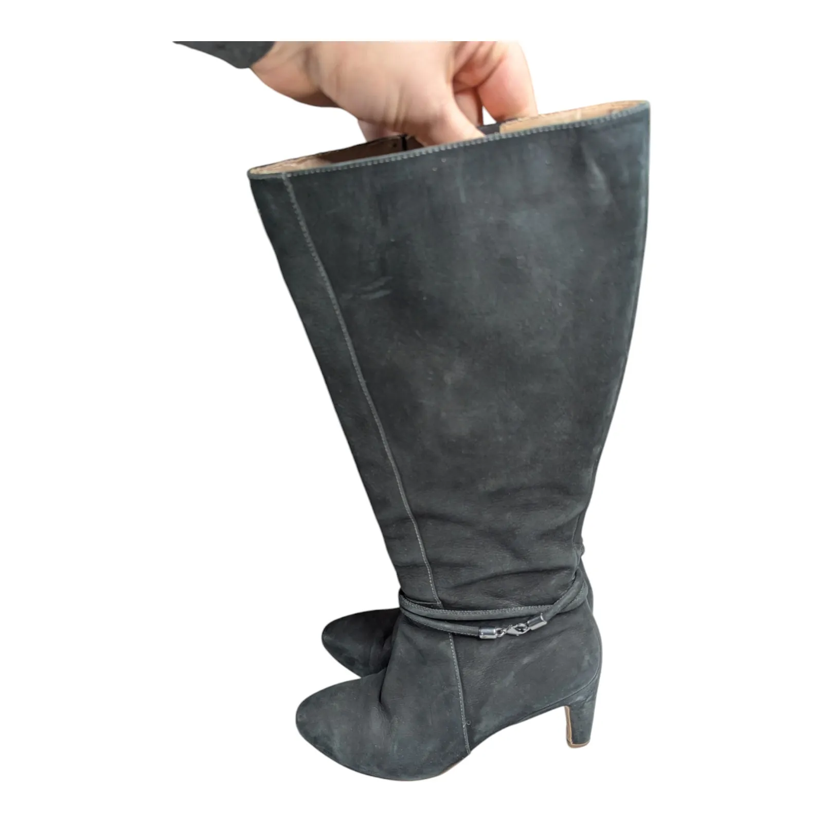 Ecco Nephi Black Nubuck Leather Knee High Almond Toe High Heel Boots 38 7.5 - Image 6