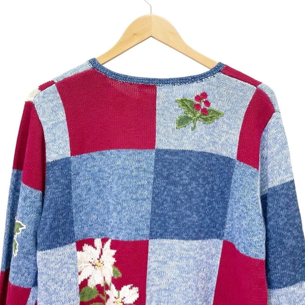 NWT Vintage Northern Isles Christmas Poinsettia Patchwork Cardigan Size Large Blue - Image 4
