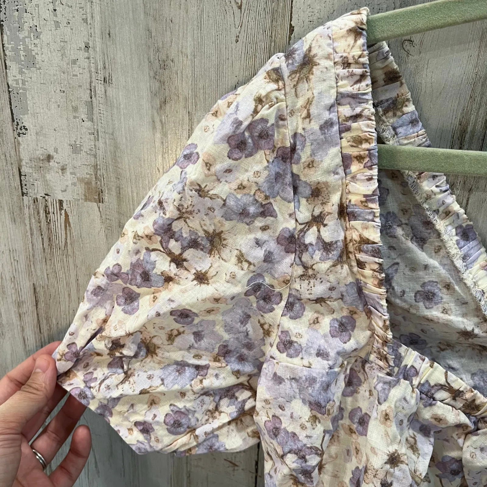 H&M Purple Floral Linen Cotton Puff Sleeve Cropped Top Romantic Summer Fae Large - Image 4