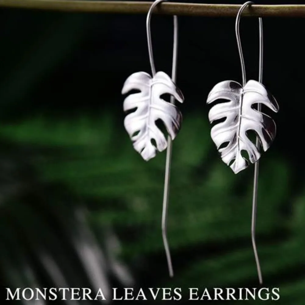 925 Sterling Silver Drop Earrings Monstera Leaves Dangle Earring - Image 2
