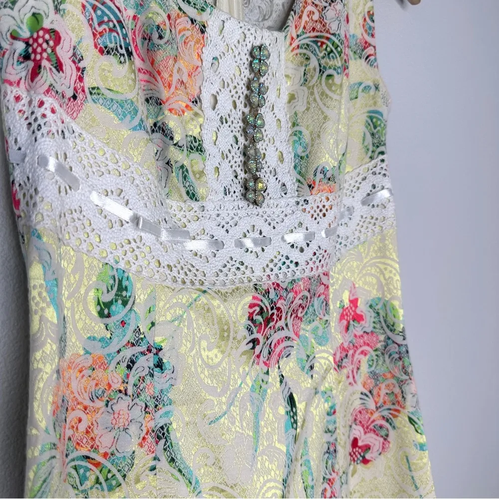 S.L Fashions Sz XS Dress Unique Yellow Empire 4 Leaf Clover Fairy Regency Lace - Image 5