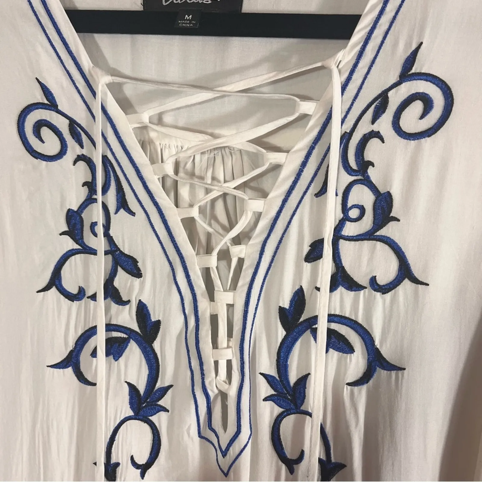 Lulus Down In Kokomo‎ White And Blue Embroidered  Lace Up Dress Size Medium - Image 3