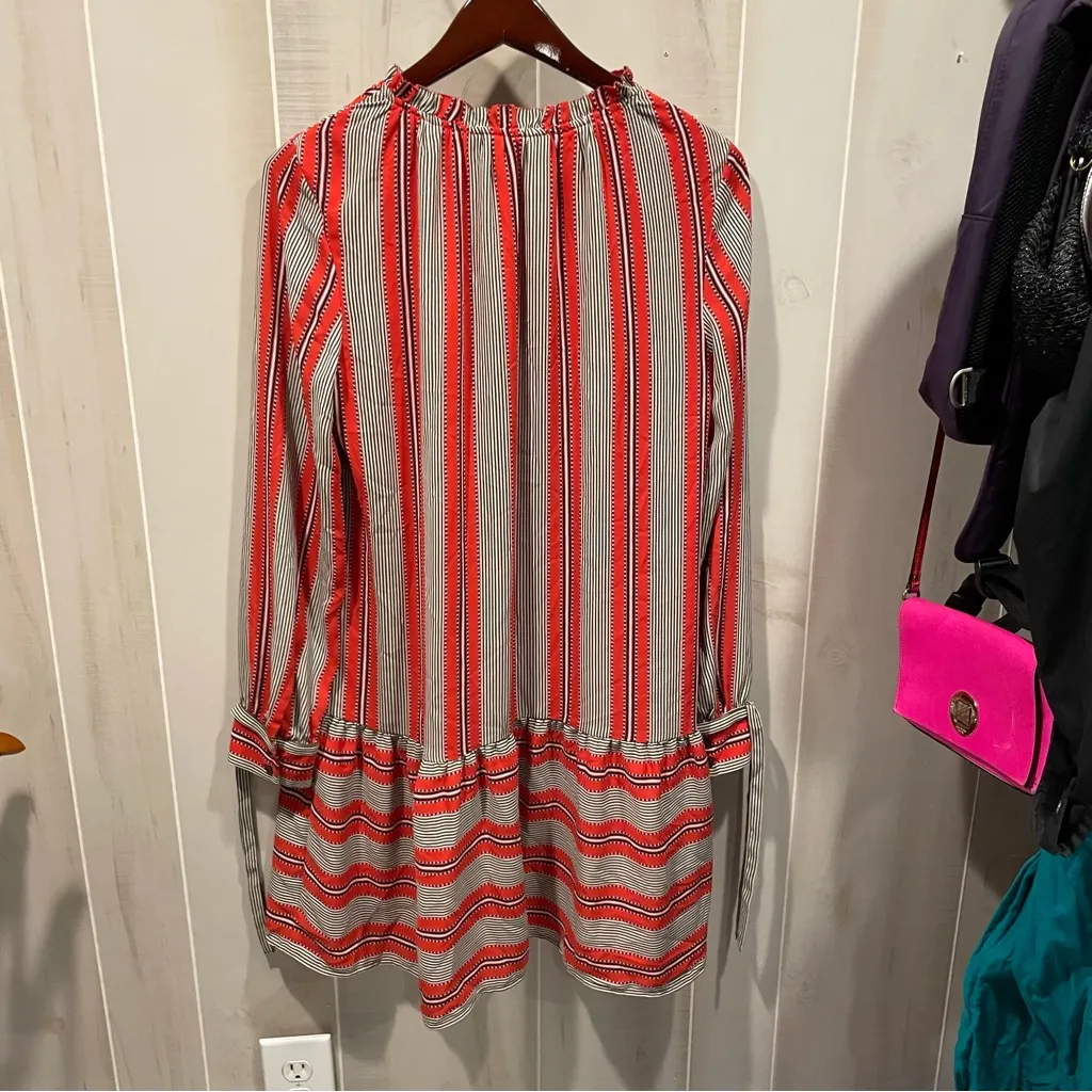 Cute Loft flirty red stripe tie cuff boho preppy dress flowy peek a boo ruffle - Image 9