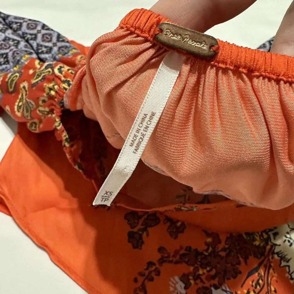 Free People Positano Floral Boho Blouse Balloon Sleeves Orange Sz XS Extra Small - Image 11