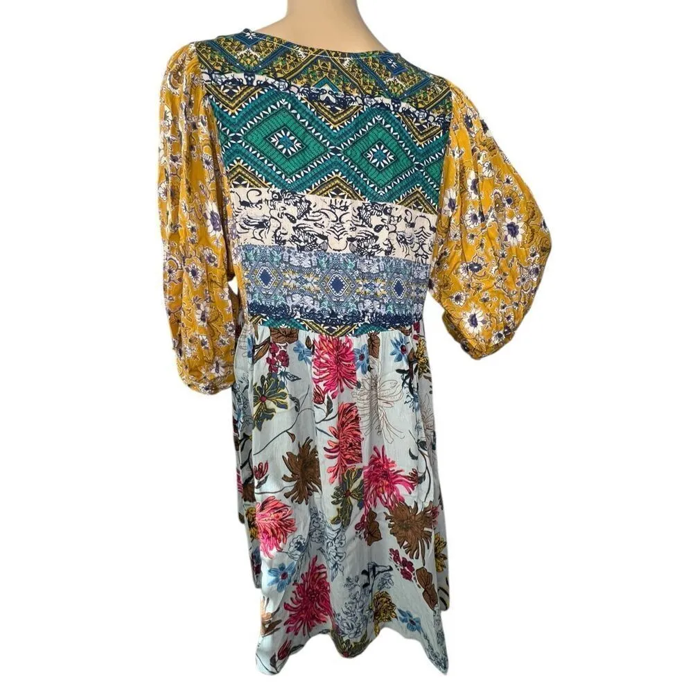 Magnolia Boutique Multi Pattern 3/4 Sleeve Boho High/Low Dress Yellow Size L - Image 5