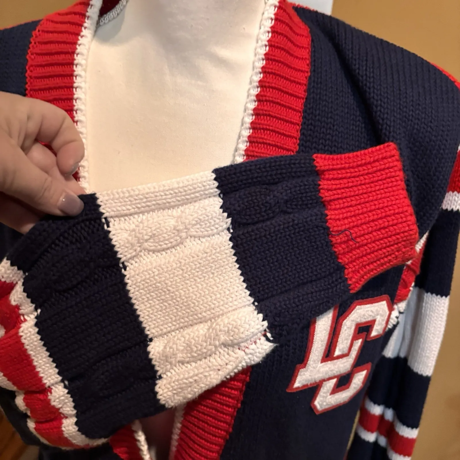 Vintage 90s Lizsport Varsity Cardigan Sweater LC Red Navy Striped NWT Medium - Image 7