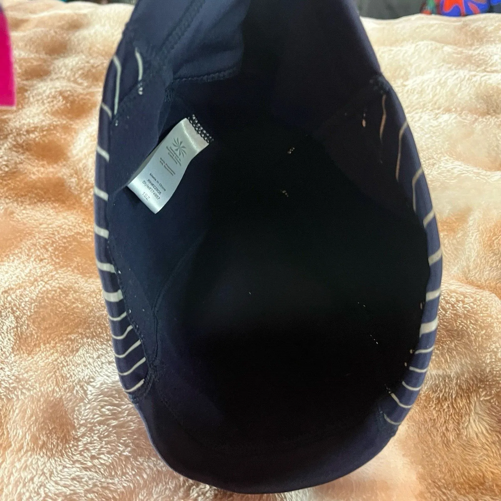 athleta beanie soft shell running cap hat ponytail blue and gray EUC striped - Image 3