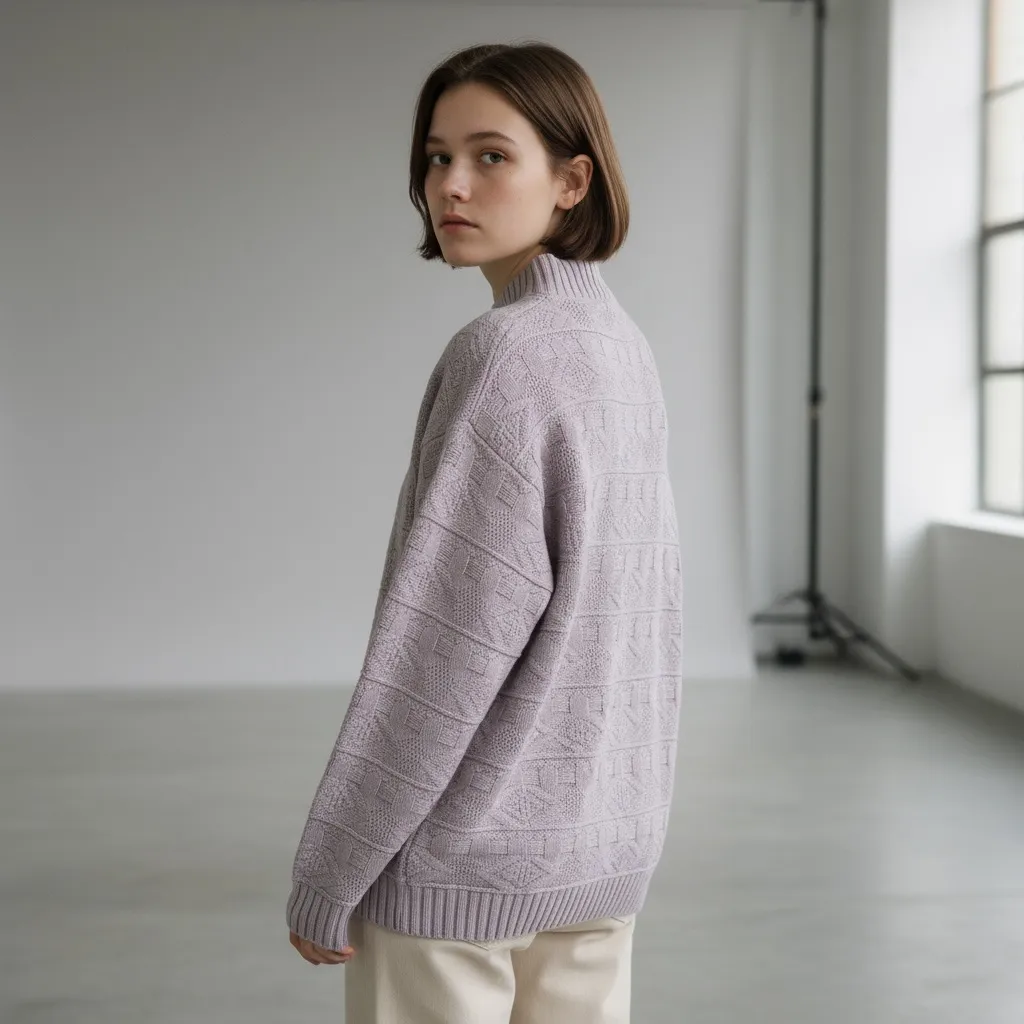 VTG 90's Heavyweight Crew Neck Sweater Lavender Geometric Pullover Women M Purple Size M - Image 2