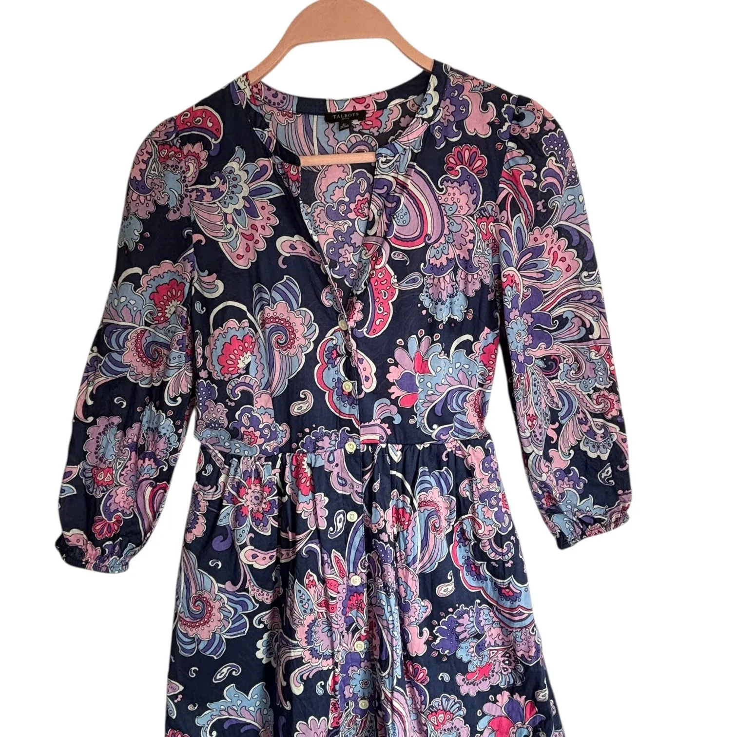 Talbots Voile Fit Flate Shirtdress Swirl Floral Paisley Button Front Midi Sz 0P - Image 3