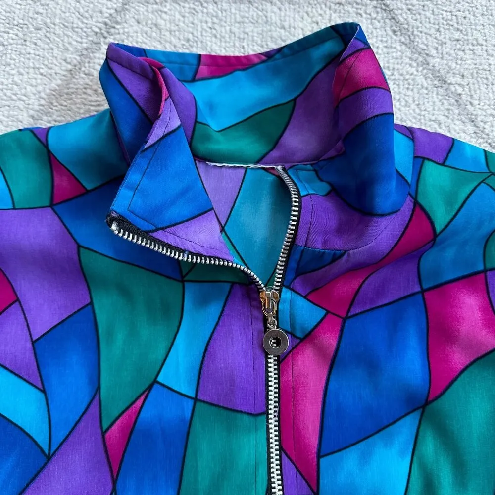 Vintage 80s/90s Multicolored Windbreaker Stained Glass Print Design Sz L/XL Blue - Image 3