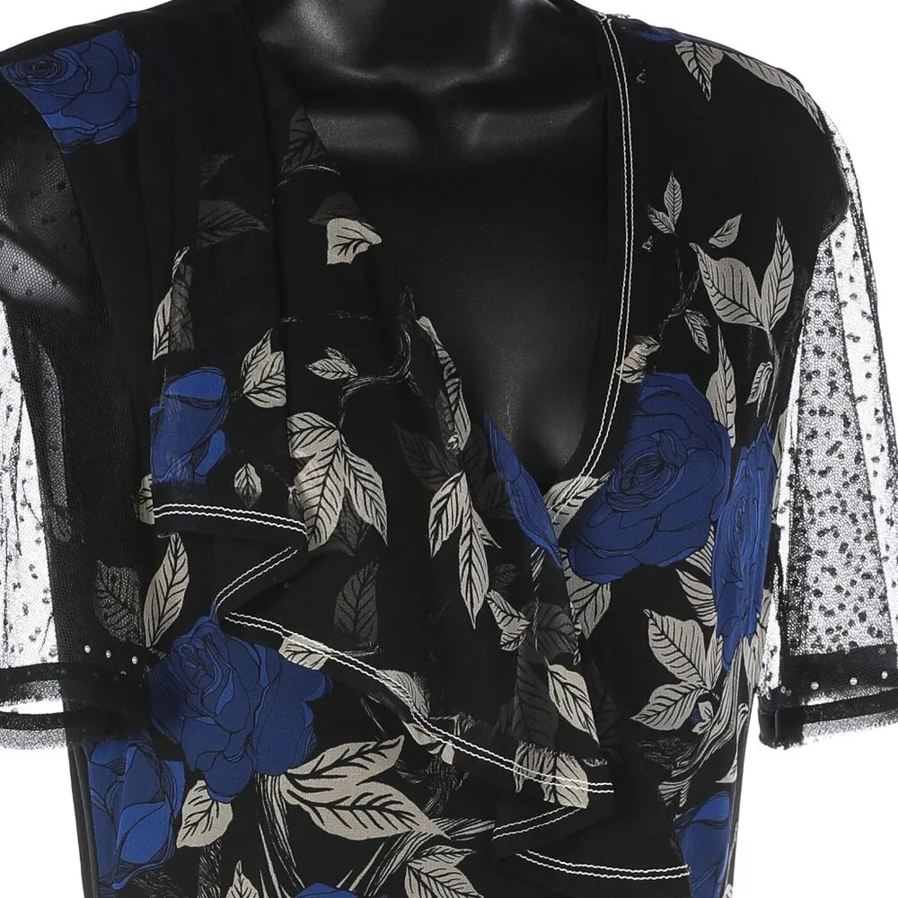 Jason Wu Black & Blue Rose Short Mesh Sleeve Dress - Image 6