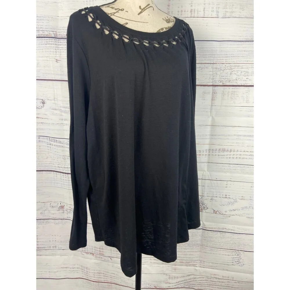 Lane Bryant Tee Shirt Women 22/24 Black Faux Leather Ribbon Neckline Long Sleeve - Image 3