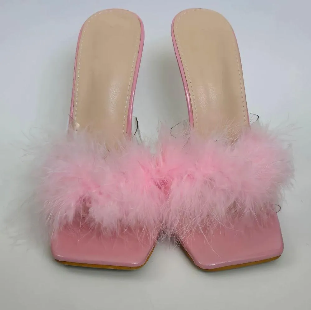 Pink Fluffy Feather PVC Stilletto Mule Heels Size 39 - Image 6
