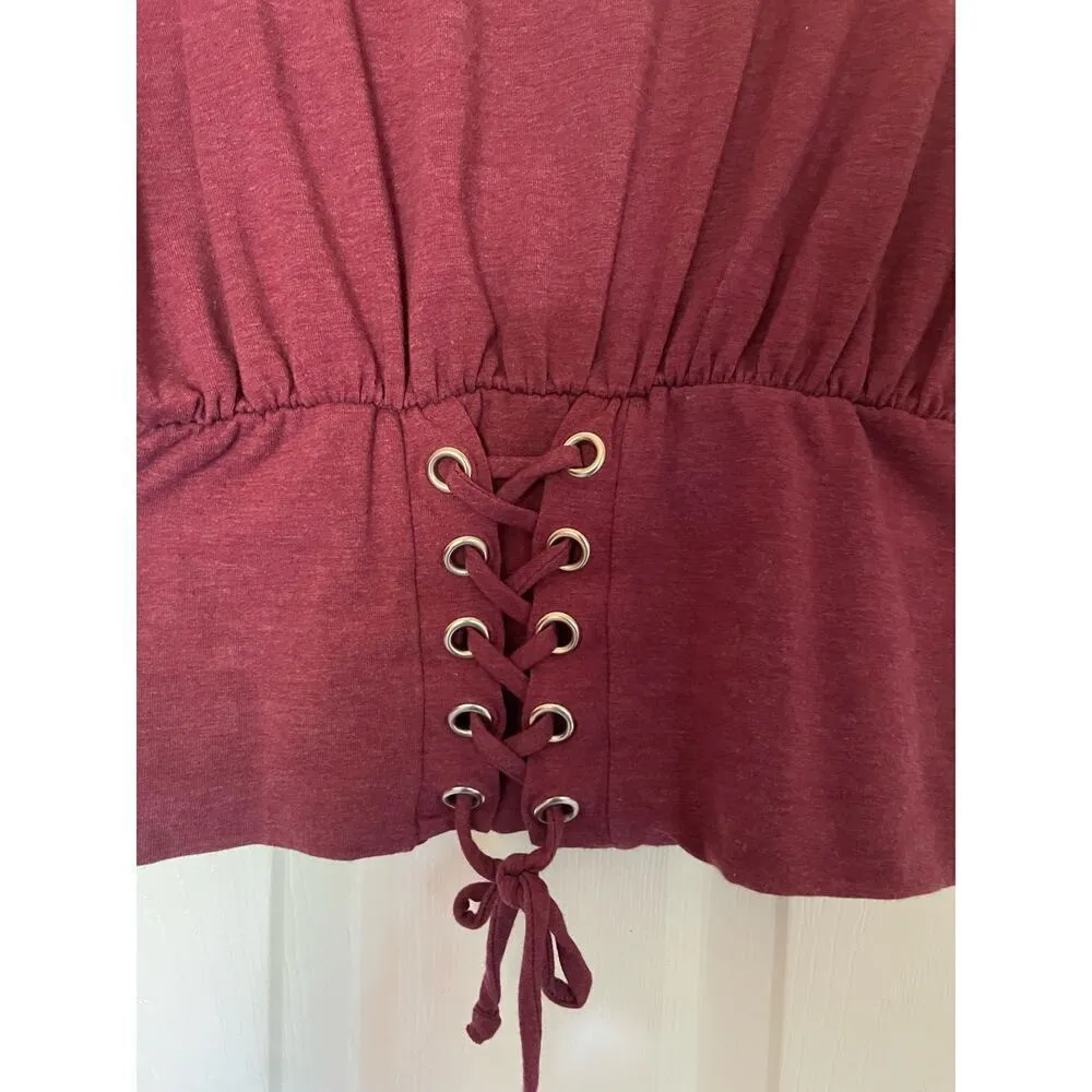 Skonhet Women Shirt Tie front corset crop Sz M burgundy Short Sleeve Top casual. Red Size M - Image 3
