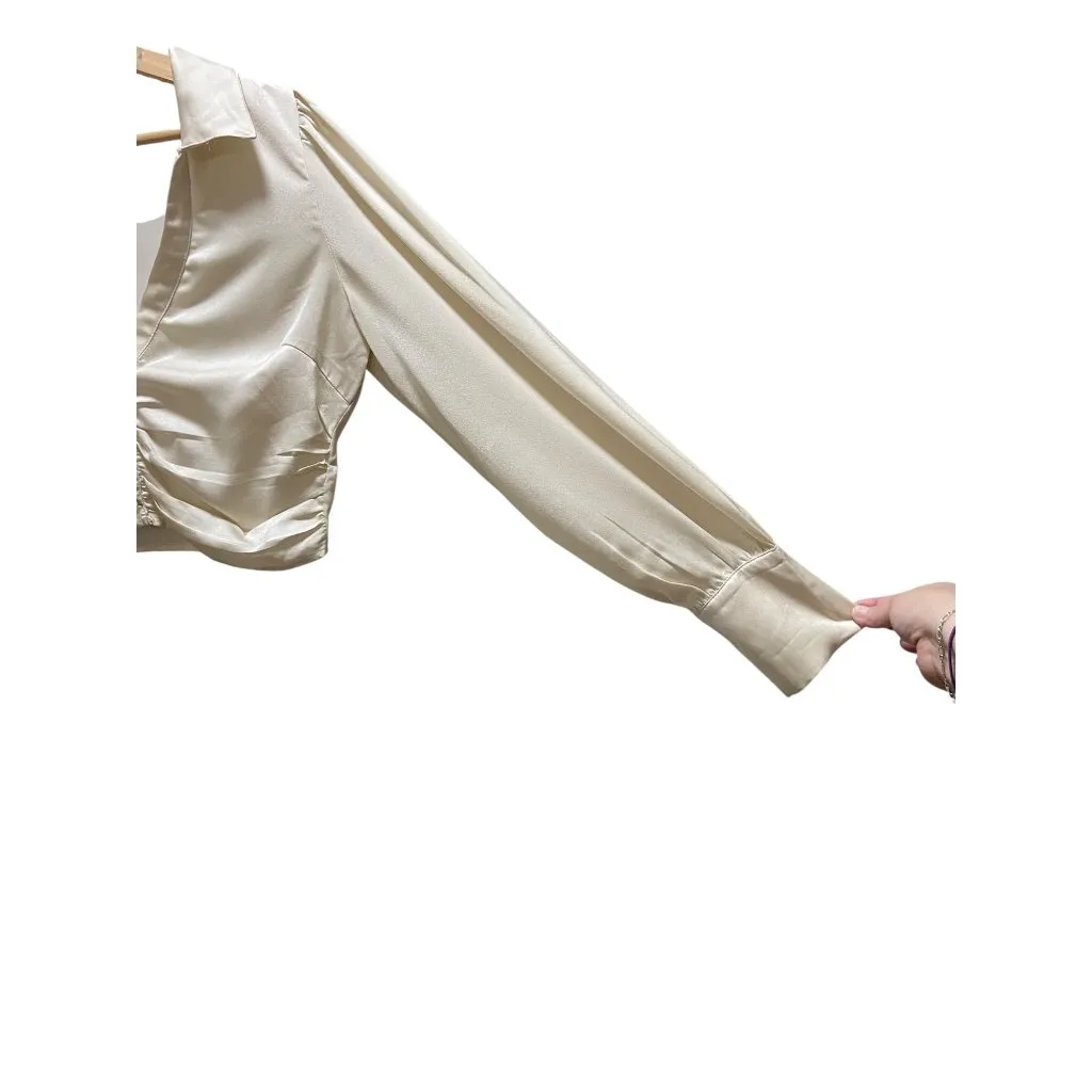 Altar’d State Satin Cropped Ruched Pirate Blouse Cream Size M Festival Baddie - Image 9