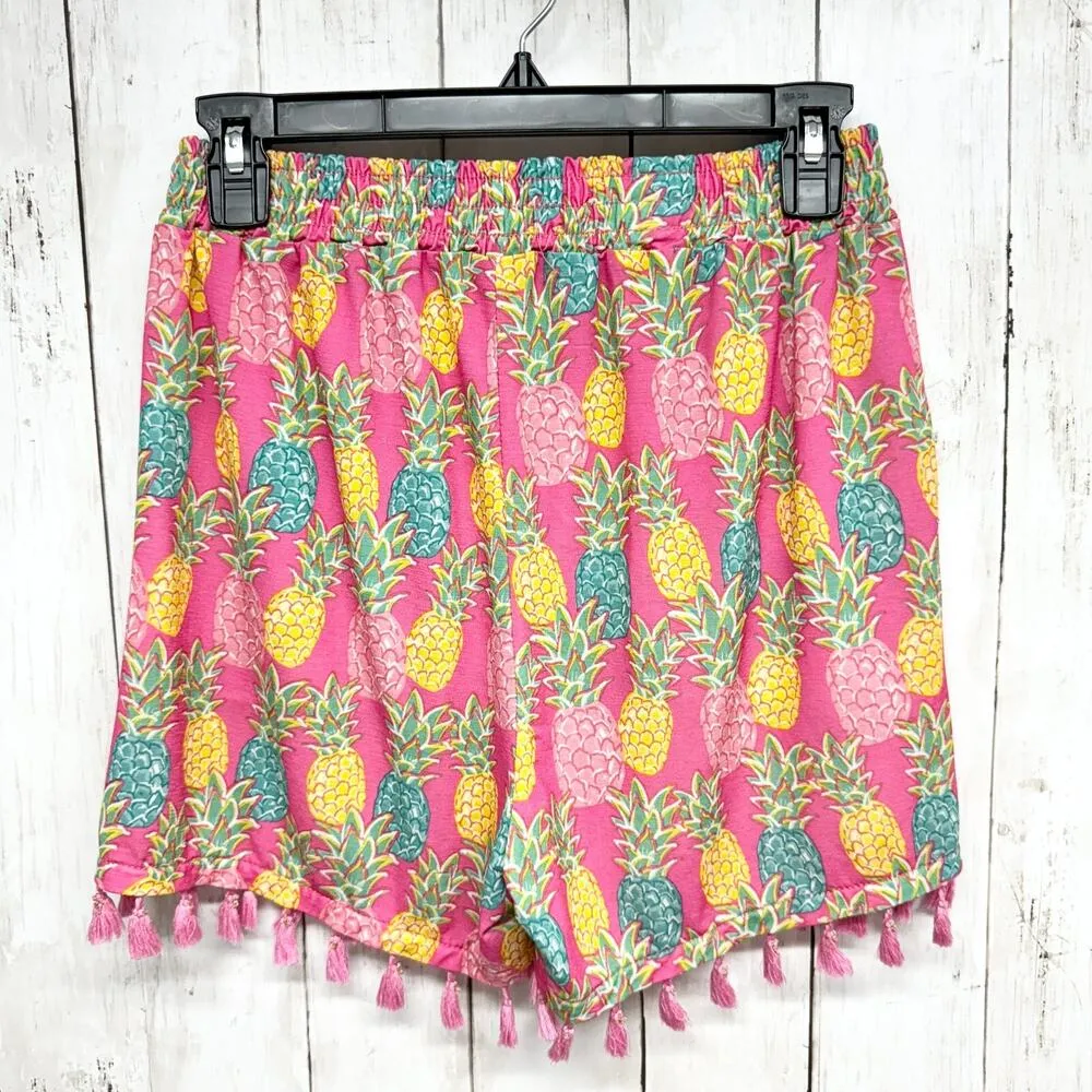 Simply Southern Shorts Women S/M Pink Pinneapple Pattern Elastic Waist Tassels - Image 5