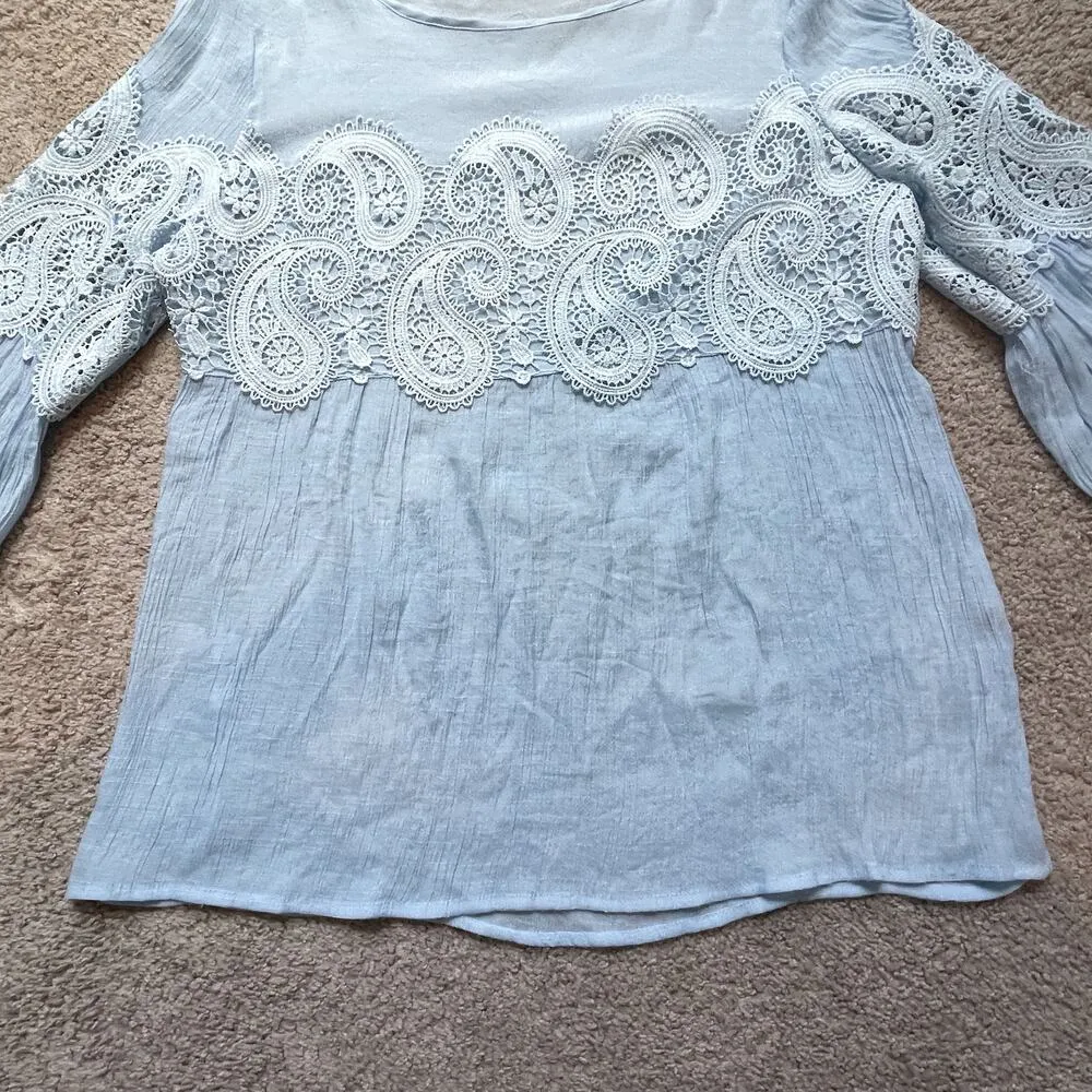 VTG Womens Top Eyelet Tunic French Lace Cottagecore Cozy Bell Sleeves Prariecore Blue Size M - Image 4