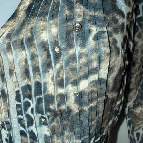 ALBERTO‎ MAKALI Semi Sheer Animal Print Rhinestone Belted Top Blouse EUC Small - Image 5