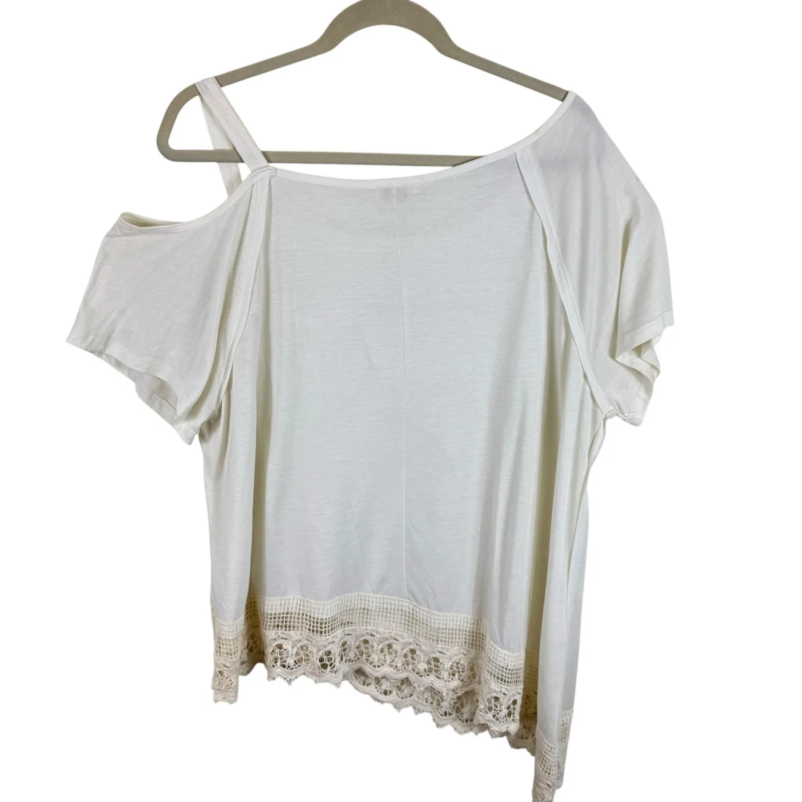 Umgee NWT Cream Cold Shoulder Crochet Lace Trim Short Sleeve Cotton Blend Top L - Image 2