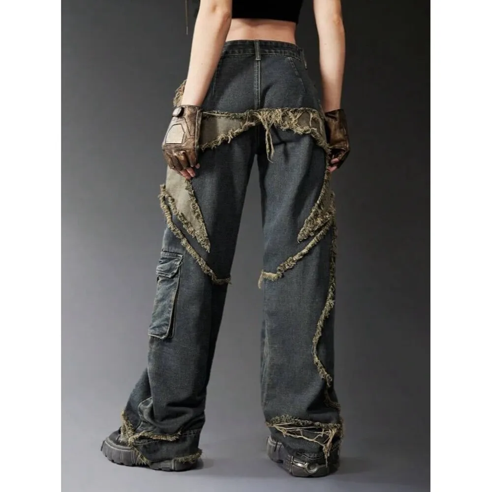 Romwe Punk Star Pattern Raw Trim Flap Pocket Cargo Boyfriend Jeans Denim Small - Image 2