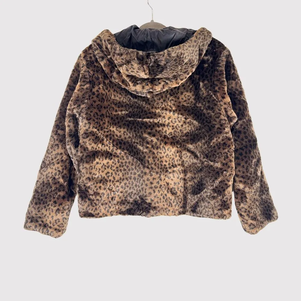 Nils Women Jacket Brown Ski Faux Fur Leopard Full Zip Hooded Lined Quilted Small - Image 2