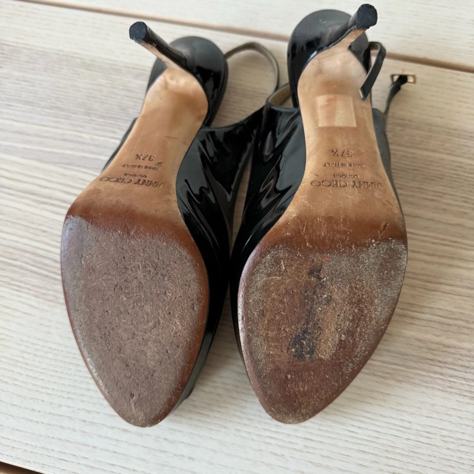 Jimmy Choo Patent Black Nova Leather Peep Toe Slingback Sandal Heels 37 1/2 - Image 7