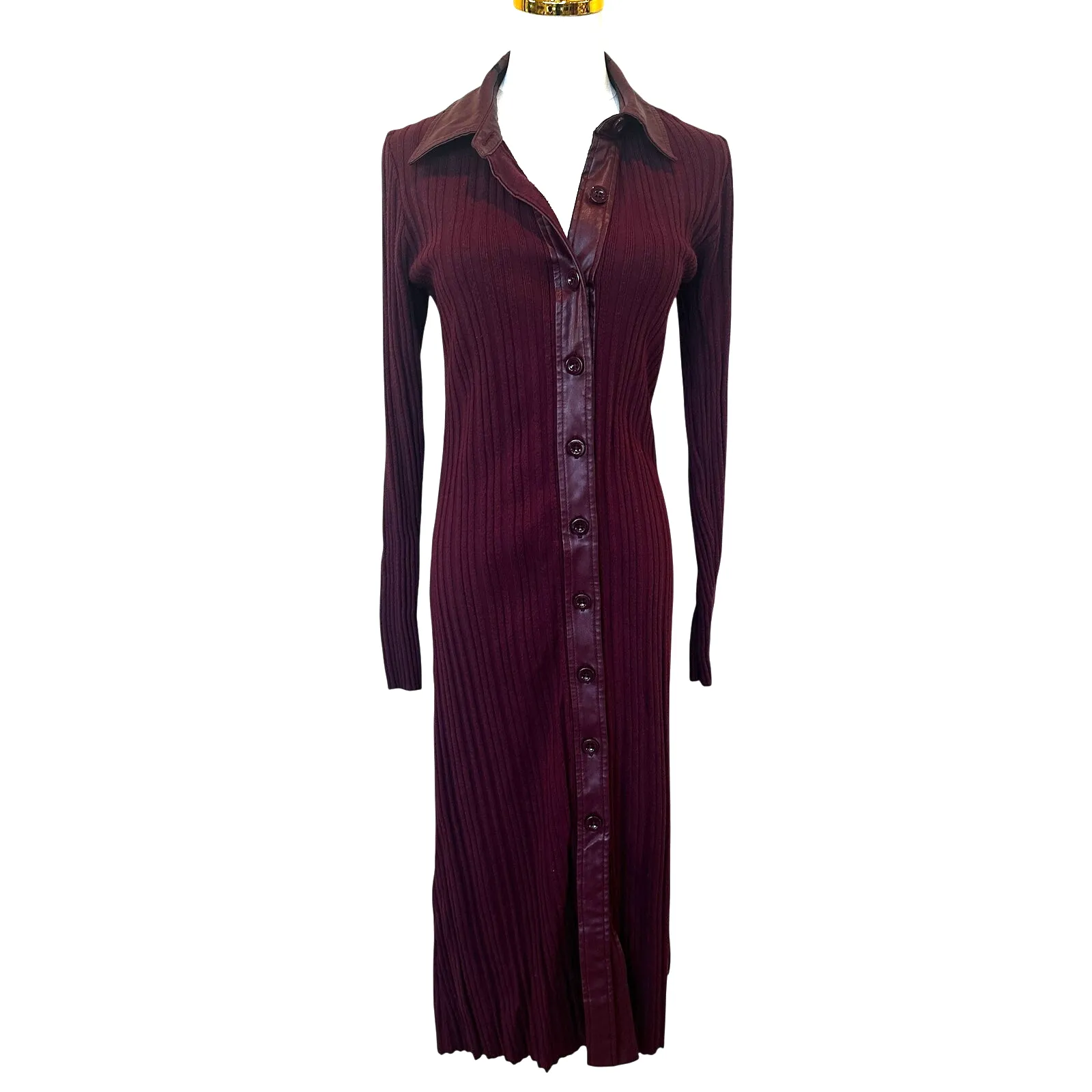Toccin Burgundy Ribbed Knit Shirt Dress XS Midi Office Work Designer $525 Red - Image 10