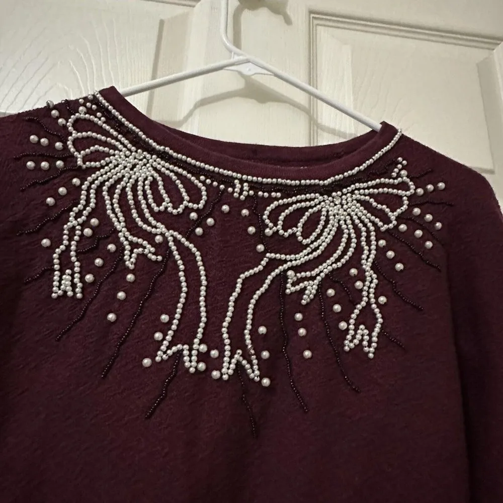 Anthropologie Field Flower Pearled Bow Burgundy Beaded Embellished Sweater Sz S - Image 4
