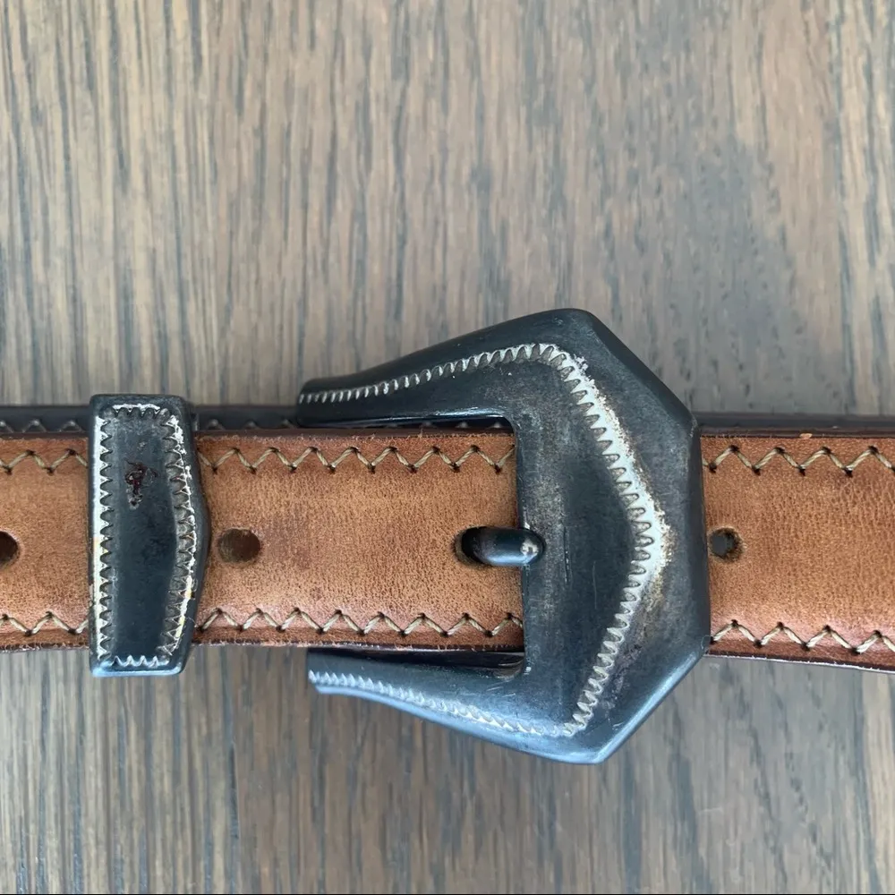 Anthropologie Vintage Tan Leather Belt Western Silver Buckle Size Large - Image 4